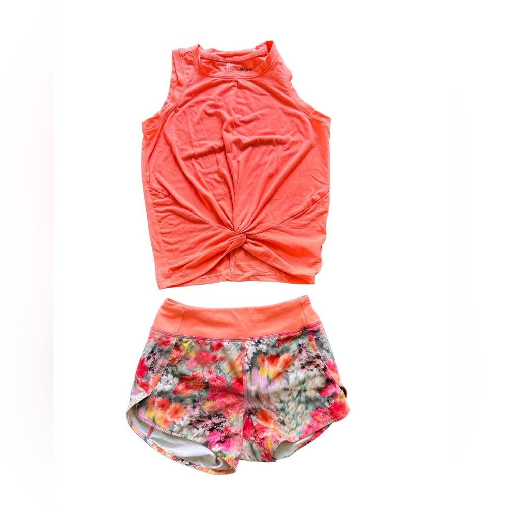 Athleta Girls Orange Twist Tank + Run The World 3” Floral Shorts Set 🌸✨